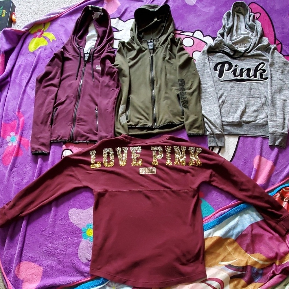 three hoodies and one sweater